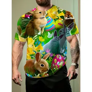 Men's Spring Easter Bunny T-Shirt - 3D Printed & Daffodil Short Sleeve Tee, Breathable Polyester Round Neck Casual Summer Top with Meadow Flowers, S-3XL Suitable for Daily Wear, Easter Gifts, Year-Round