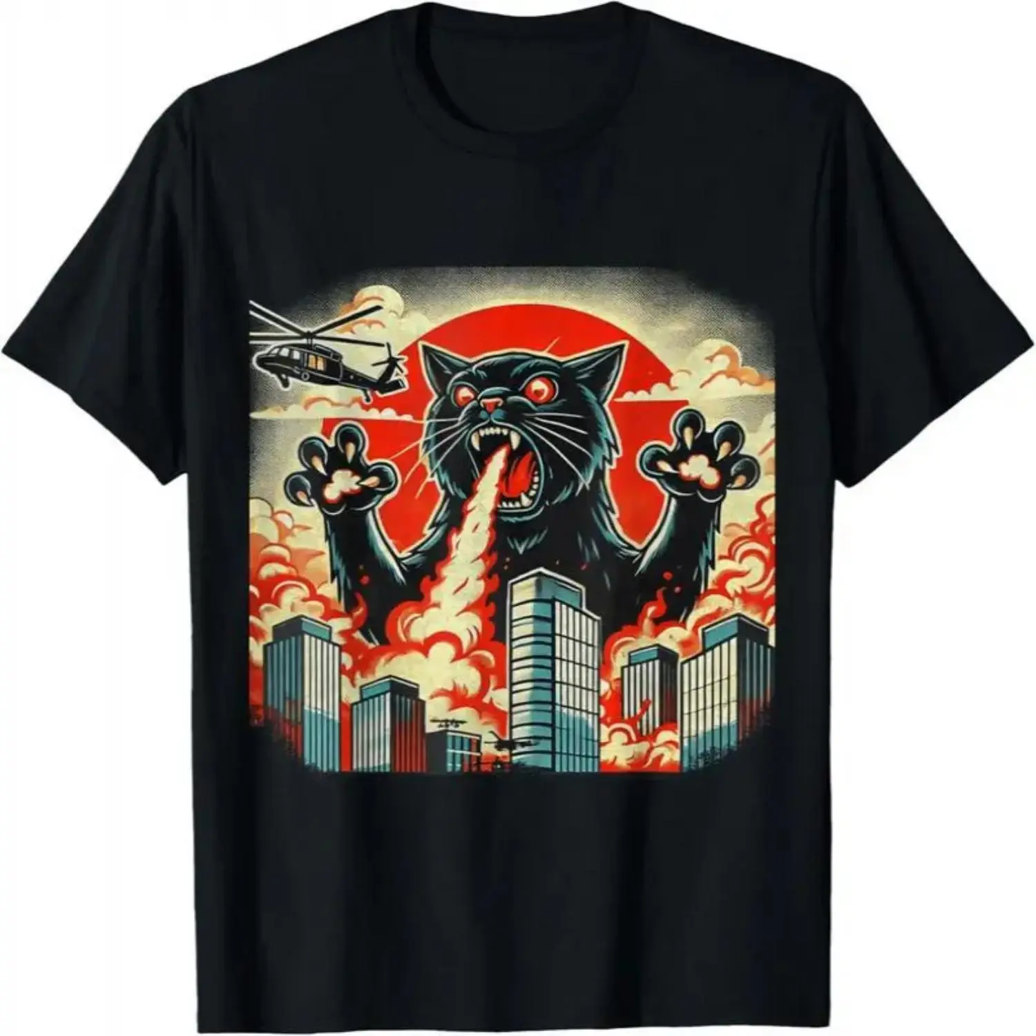 Casual Cotton Short Sleeve Funny Graphic T Shirt featuring Catzilla Cat Japanese Art Humorous Cat Gifts for Men Women and Children