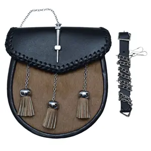 Brown Calf Skin Scottish Kilt Semi Dress Sporran with Lock & Tassels Caps