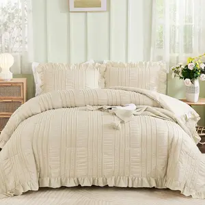Beige Textured Comforter King,3 Ruffle Farmhouse Comforter for Queen,Seersucker Boho with 1 Ruffle Comforter,2 Tufted Pillowcases 104"*90"
