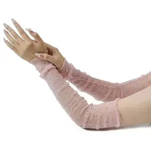 2pcs Long Sunscreen Lace Gloves for Women, Thin Half-Sleeve Fingerless Outdoor Breathable Mesh Ice Silky Fiber Fabric with Rhinestones, Trendy European and American Style Shiny Arm Sleeves for Daily Wear