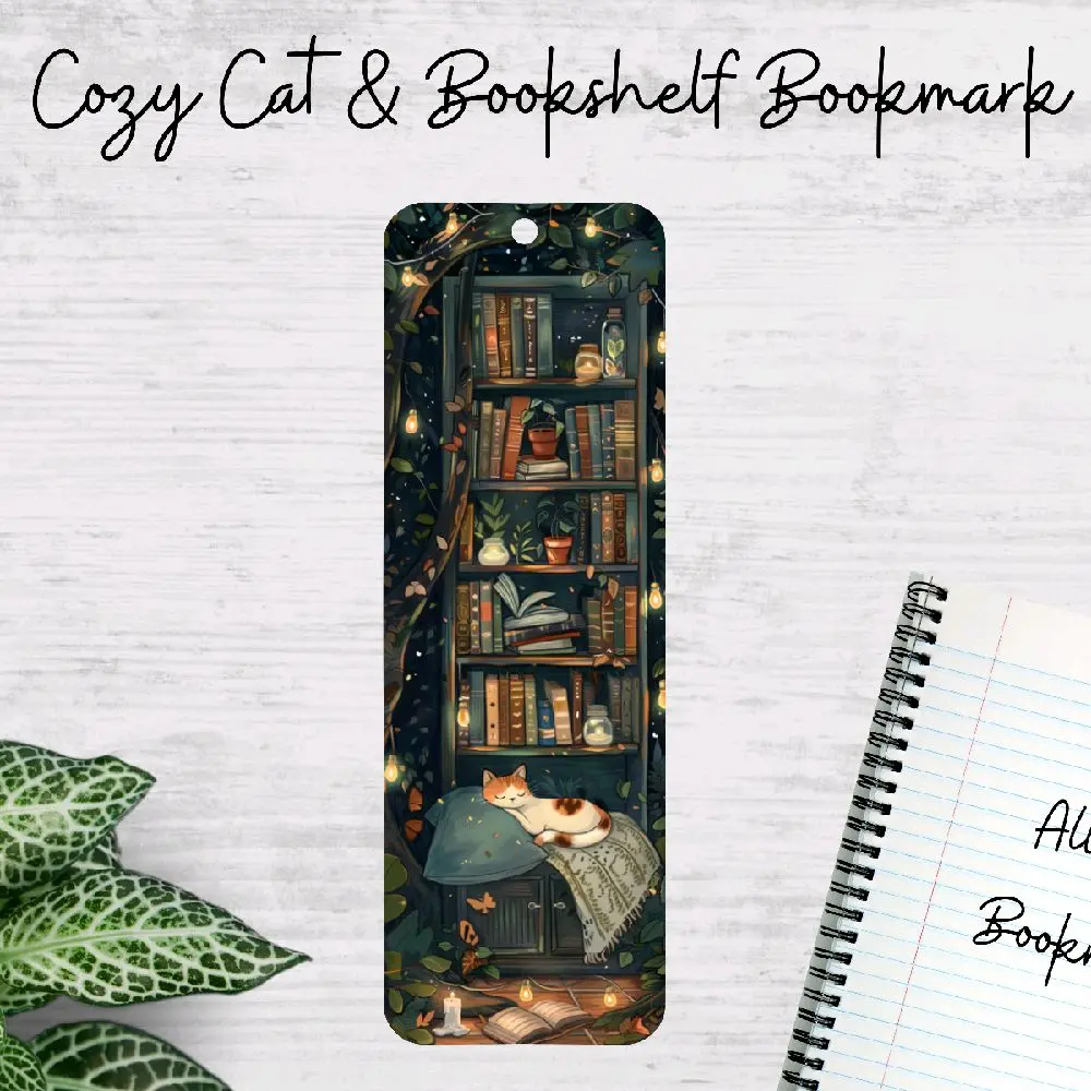 Cozy Cat and Bookshelf Metal Bookmark for Readers, Cottagecore Book Lover Gift