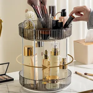 360? Rotating Makeup Organizer for Vanity, Upagraded Perfume Skincare Bathroom Counter Organizers with Brush Divider, Two Tier Spinning Lipstick  Lotion Storage,Grey