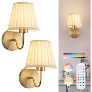 Vintage Battery Operated Wall Sconces Set of 2, Pleated Shade Gold Wall Lamp with Remote, Wall Sconces Fixtures for Bedroom, Living Room, Beside