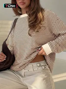 Simple Casual Loose Fit Striped Long Sleeve Lady T-Shirt, Round Neck, H-Type Silhouette, Short Length, Perfect for Daily Wear