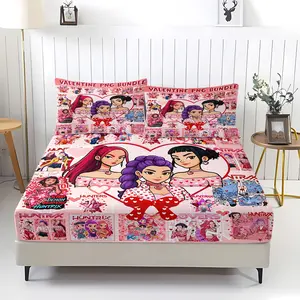 K-Pop Demon Hunter Girl Group Sweet Cool Girl Style 3pcs Fitted Sheet Set, 3 Distinctive Cartoon Girls Within Heart Frame Sweet Cool Bedding Set.Rich Vibrant Colors.Made of Soft Microfiber Material, Includes 2 Pillowcases, Not Include Pillow Insert.