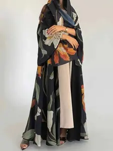 Elegant Maxi Dress Islamic Two-Piece Set with Scarf, Open-Print Long Robe, Loose-Fit Woven Fabric, Abaya All Seasons Fashionable Clothing, Hijab Modesty Muslim Outfits, Formal, Cozy, Versatile, EveningWear, MaxiDress