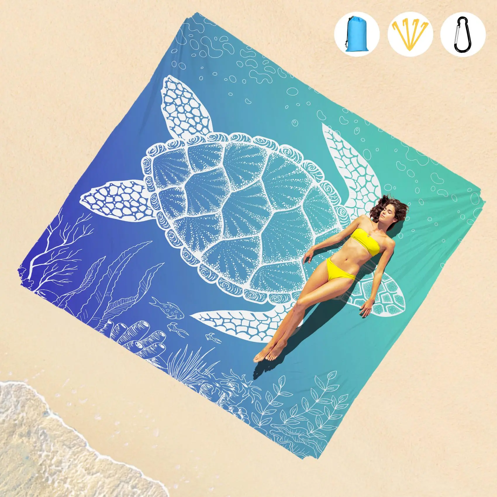Turtle Pattern Beach Blanket, 1 Count Outdoor Waterproof & Sandproof Oversized Blanket, Outdoor Rug, Outdoor Lightweight Durable Mat for Travel Camping Picnic