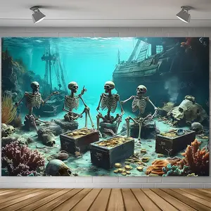 1PC,2D Flat Underwater Skeleton Treasure Background Cloth, Retro Pirate Shipwreck - Themed Tapestry, Bedroom & Living Room Decor Hanging Cloth, Wall Cloth with Underwater Corals, Gold Coins & Tr