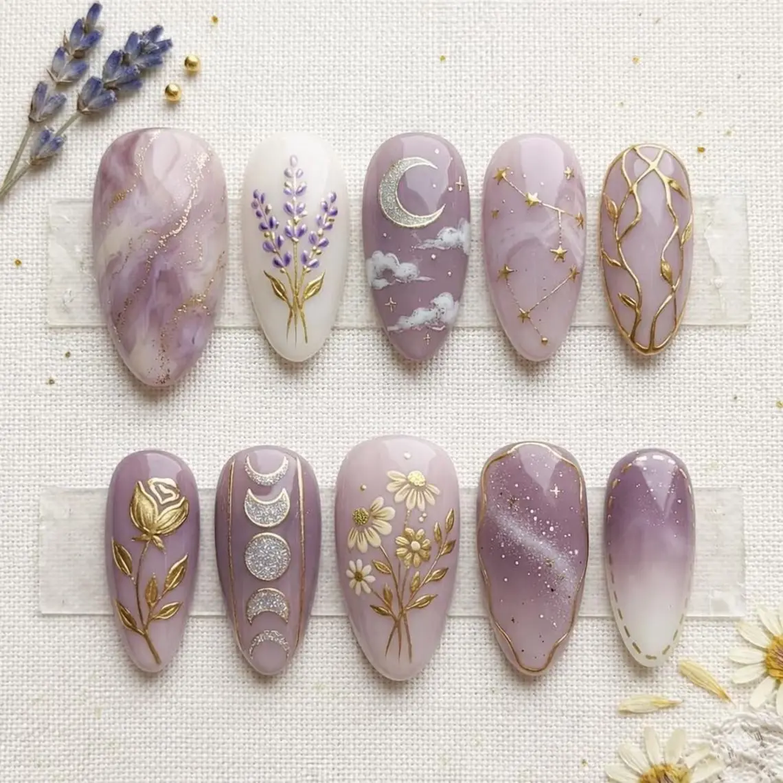 Reusable 3D Lavender Press-On Nails, Purple Moon & Star Celestial Art, Gold Rose Flower Design, Witchy Aesthetic Nail Art Decorations