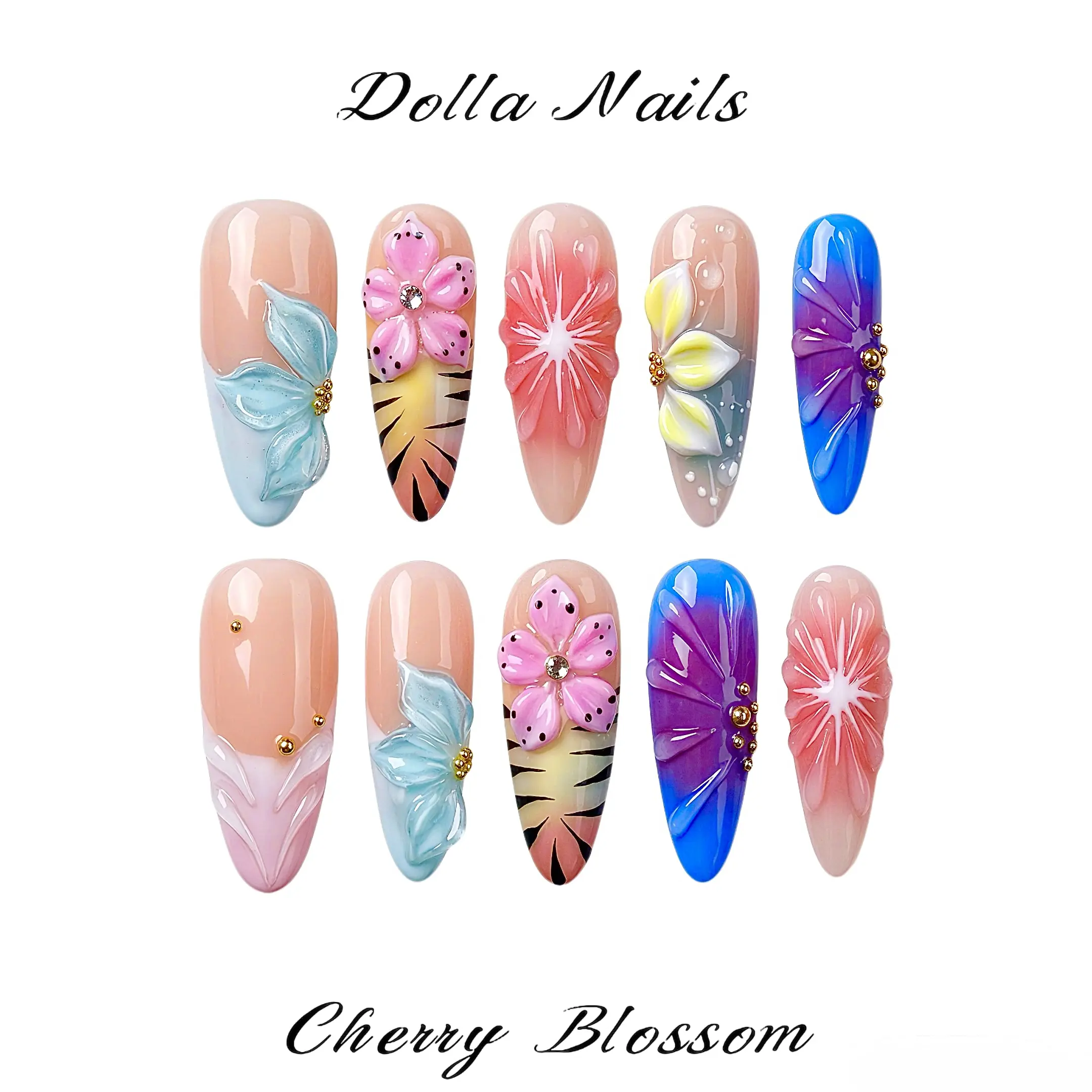 Dolla Nails 3D Press-On Nails, 100% Handmade Reusable Color Gel Manicure with Aura & Cherry Blossom Floral Designs, Long Almond Shape, Flower Nails