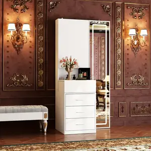 Modern White Glossy Dressing Table With Double Drawers And Oversized Mirror