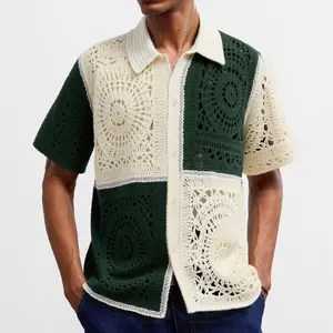 KZZ Versatile Knit Top Stylish Color Blocked Crocheted Openwork Short Sleeve Polo Shirt for Men - Man, Menswear