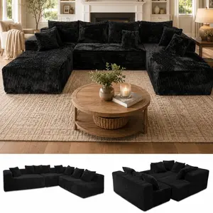 【3 Packages Shipping】133" Modular U-Shape Sectional Couch, Boneless Couches for Living Room with Deep Seat, Modern Minimalist Upholstered Couches with Chaise, No Assembly Required, Black Corduroy Fabric Sofa. cloud