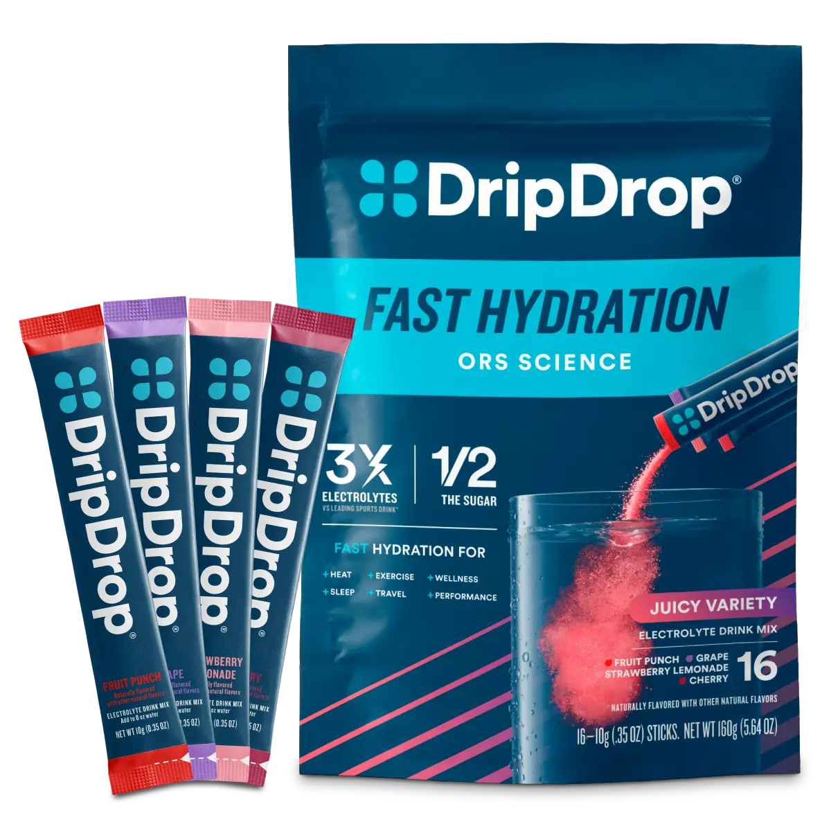 DripDrop Juicy Variety Pack Electrolyte Powder, 8 oz sticks, 16 count DripDrop Juicy Variety Pack Electrolyte Powder, 8 oz sticks, 16 count