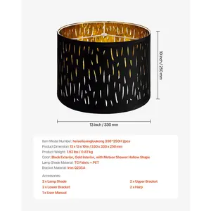 VEVOR Drum Lamp Shade 2 Set, 13 in Topx 13 in Bottomx 10 in High, Medium Drum Lampshade with Harp, Replacement Lamp Shade for Table Lamps Floor Lamps Pendant Lights, Black Hollow-carved Design