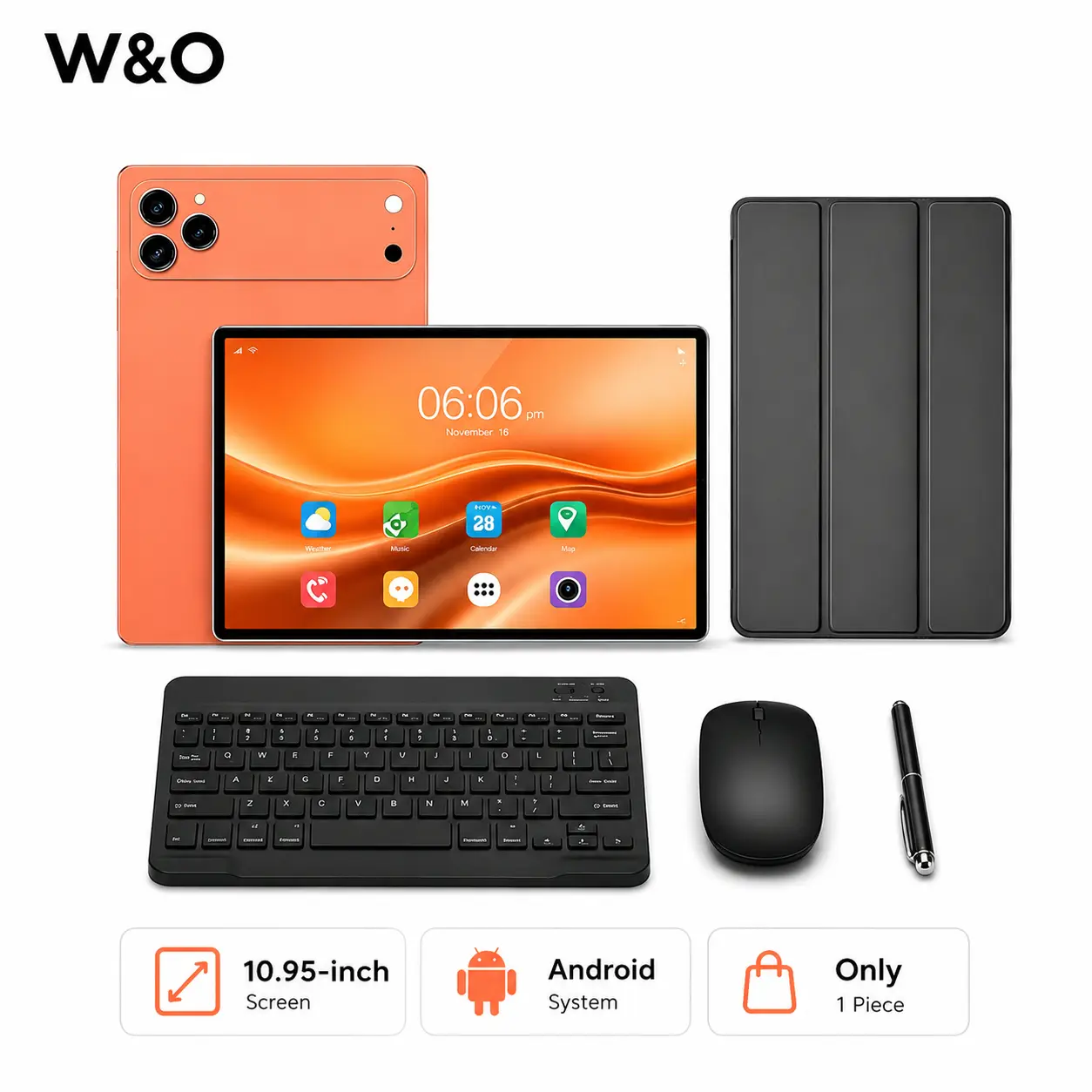 W&O X26 Max 10.95 in Android 15 Tablet, 12GB RAM and 256GB Storage, Octa-Core, 10000mAh Battery, Dual-Band Wi-Fi, SIM and Expandable Storage, Bundle with Keyboard, Mouse, Case and Stylus