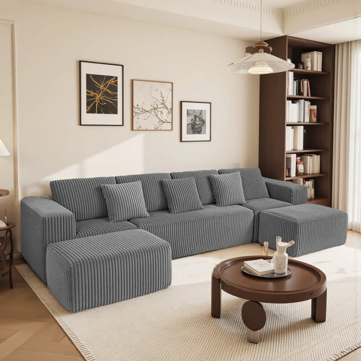 Aobtkel Minimalist 4-Seater Modular Sectional Couch - 132-in Corduroy U-Shaped Convertible Indoor Sofa, Straight Cut Stripes, Reversible Chaise, Adjustable Layout, Luxury Living Room Floor Couch, Four-Seater