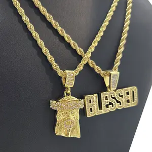 MaxBling81 Unisex 2-Piece Religious Jesus Iced Cubic Zirconia Gold Pendant & 4mm 24" Rope-Cuban Link Chain Necklace Set, Daily Wear Costume Jewelry, Necklace Gift