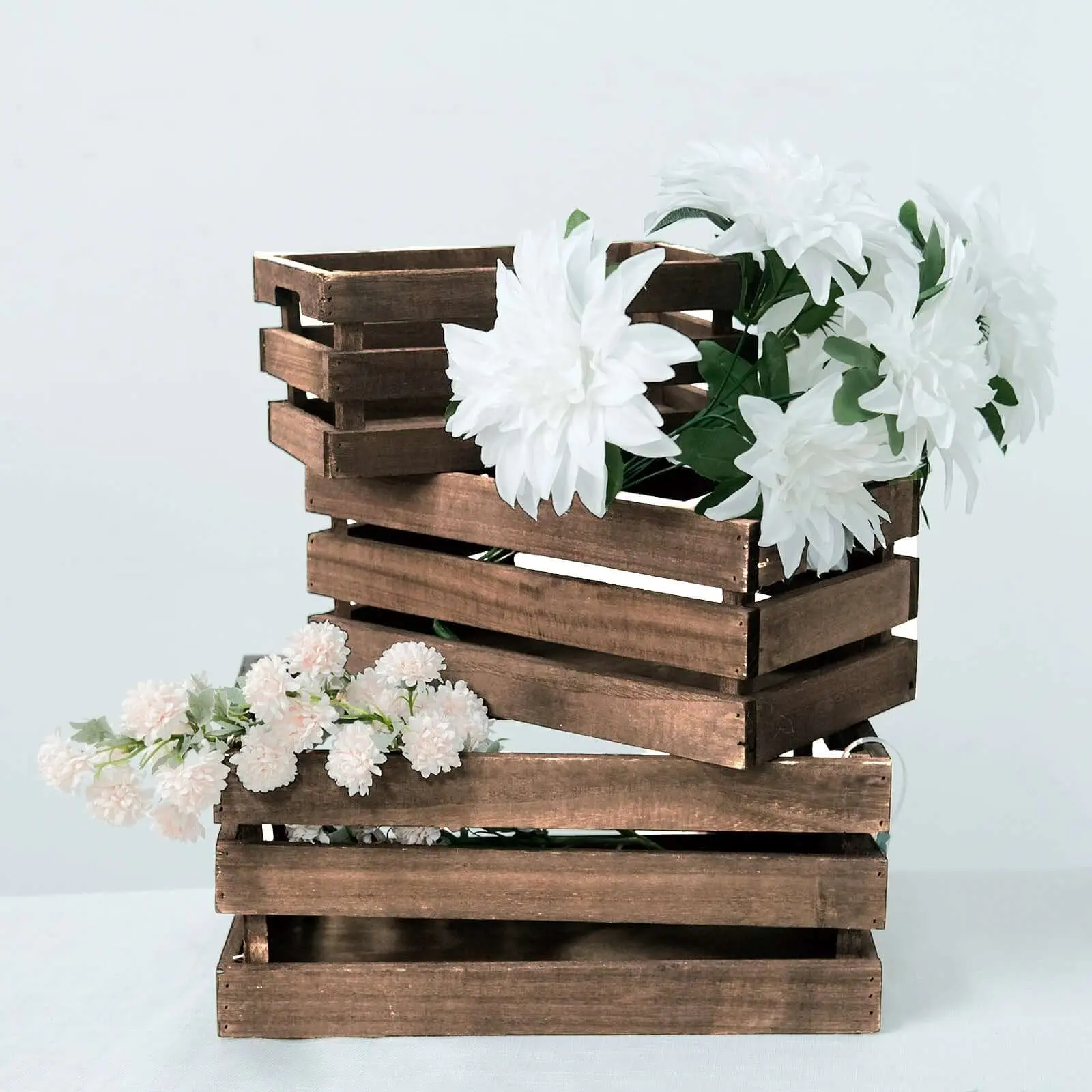 3-Piece Smoked Brown Rustic Wooden Crates - Multi-Size Rectangular Planters for Outdoor Plants, Farmhouse Décor with Fingerhold Slots & Half-Oval Shaped Holders, Large Box Garden Themed Party Storage Containers, Succulent Display Holds 2"x0.5" Box