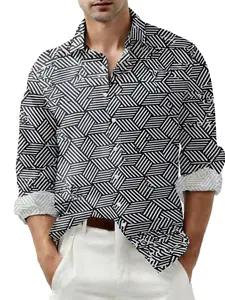Men's Fashionable Printed Long-sleeved Shirt with Black and White Stripes and Geometric Pattern Design, Business Casual Top.
