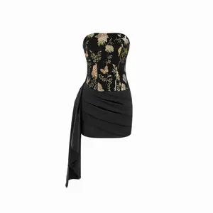 Cider Jacquard Floral Asymmetrical Draped Ruched Bandeau Mini Dress