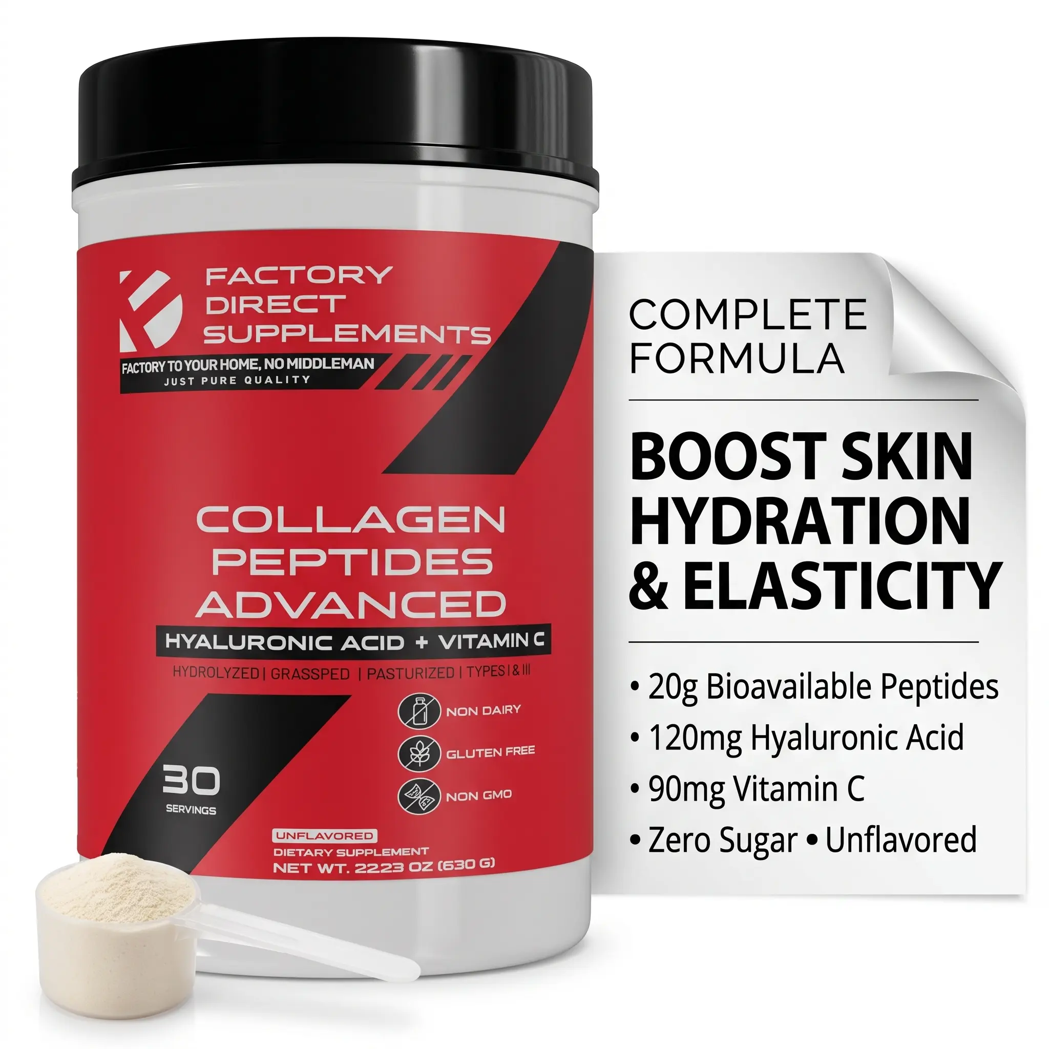 Factory Direct Supplements Collagen Peptides Powder, Grass-Fed Hydrolyzed Type I & III, 20g with Hyaluronic Acid & Vitamin C, Unflavored, 30 Servings