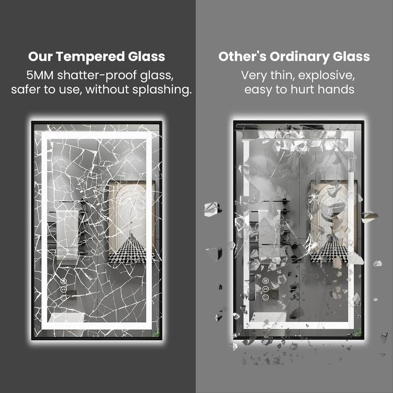 GLITGATE 60"x28" Bathroom Mirror with Lights With Black Framed, Vanity Mirrorr With Front & Back Lights, Stepless Dimmable, Anti-Fog, Shatter-Proof Memory Functin, Double LED Vanity Mirror with Matte and Tempered Glass