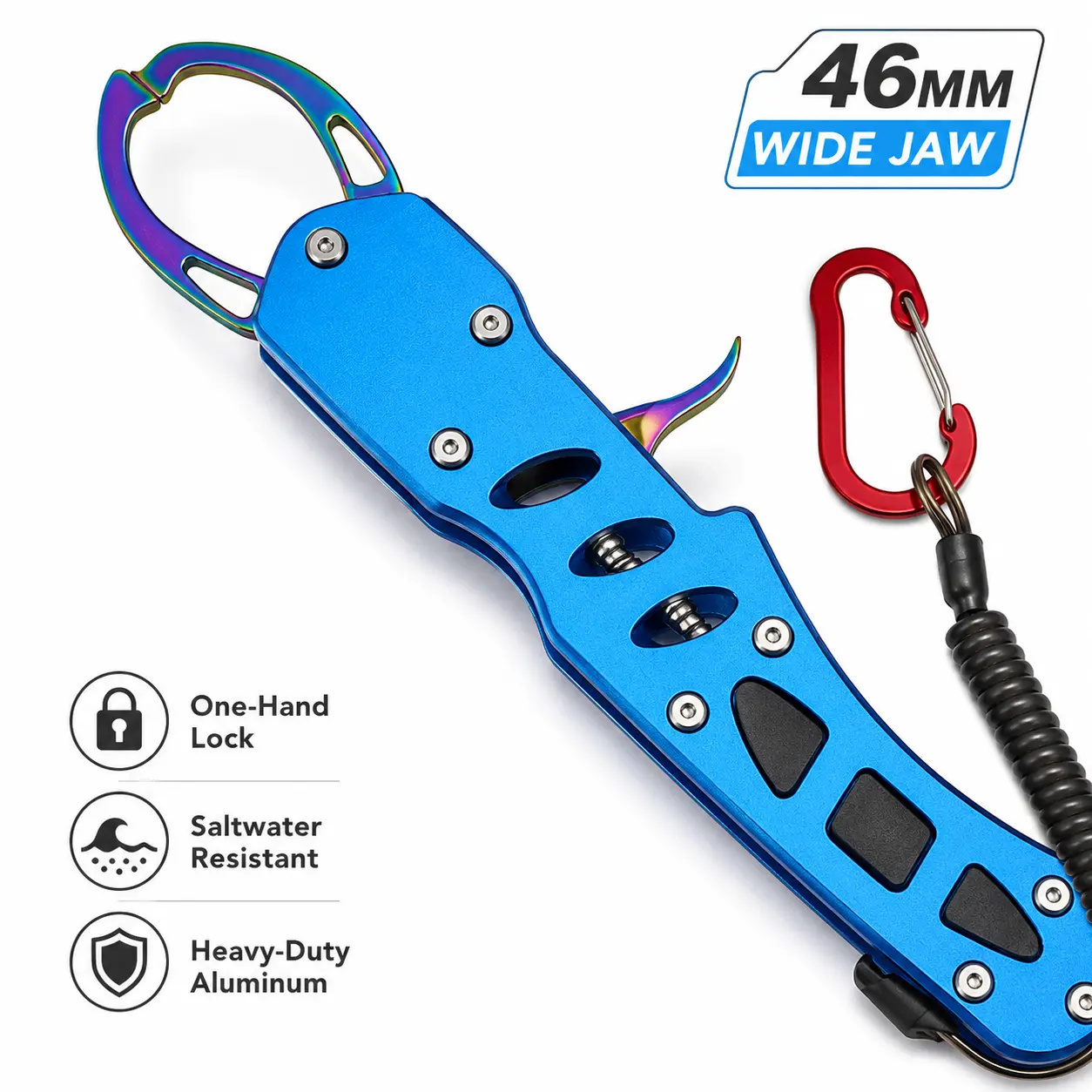 Aluminum Fish Gripper, Rainbow Titanium Plated Fish Lip Gripper with 46mm Wide Opening, Anti-Corrosion Fish Holder with Safety Lanyard for Freshwater & Saltwater Fishing