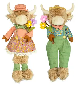 Spring Flowers Highland Cow Dangle Leg Shelf Sitter Pair