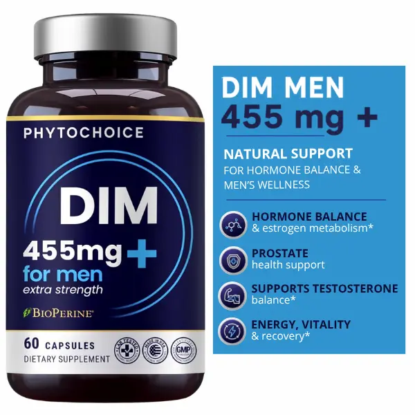 Men's DIM Dietary Supplement - 350mg High Potency with BioPerine & Broccoli Extract, 455 mg Total Complex, 60 Caps - 1 Month Supply, Hormone & Estrogen Balance, Metabolism Support, Clean Absorption, Gluten-Free, Made in FDA-Registered Facility, Hormone Su