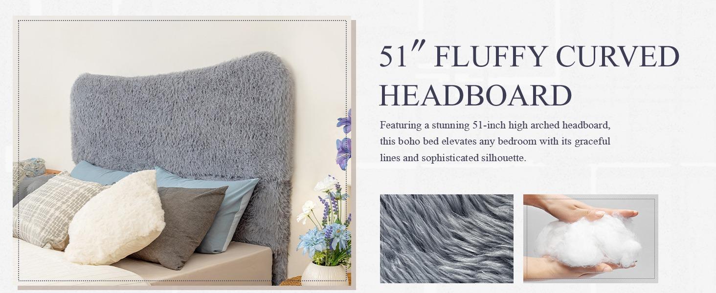 Yechen Bed Frame with Tall Headboard, Round Deluxe Soft Faux Fur Bedframe, Boho Boucle Cloud Upholstered Plush Bed with Metal Frame and Wood Slats, No Box Spring Required, Easy Assembly, (Beige, Grey) (Twin, Full, Queen)