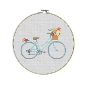 Cruising Premium Cross Stitch Kit - EVERYTHING INCLUDED | Cruiser Bike | Flower Basket | Spring Flowers | Gift for Gardener | Romantic Cross Stitch
