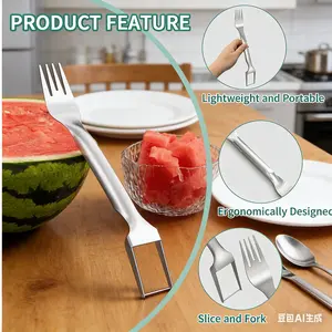 2-in-1 Stainless Steel Watermelon Cutter with Built-in Fork Lightweight Portable Ergonomic Design for BBQs Pool Parties Home Snacks