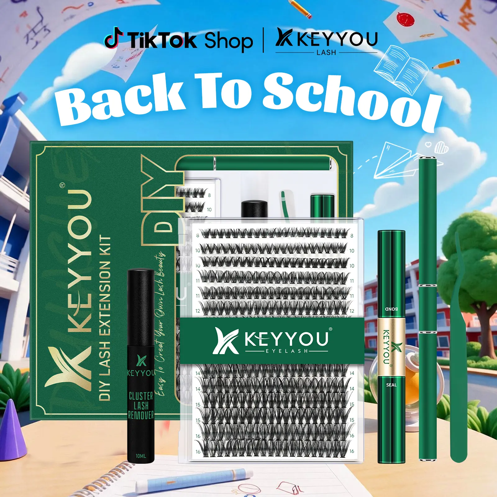 KEYYOU DIY Lash Extensions Kit Individual Lash Clusters Kit Volume Waterproof Long-Lasting Soft 300Pcs D Curl Easy to Use for Beginner #BackToSchool