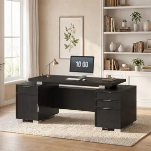 Sikaic 80.6" Modern Executive Desk with Power Outlet & 3 Large Cabinets, Home Office Desk with Privacy Panel & File Drawer for Home Office, Living Room,  Black summergarden