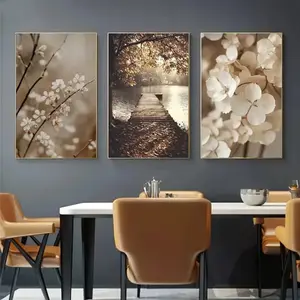 3 Pieces Wooden Frame Retro Evening Cherry Blossom Branch White Flower Landscape Forest River Canvas Painting Wall Poster HD Giclee Color Accurate Reproduction Hanging Painting Corridor Entryway Wall Embellishment, Artwork