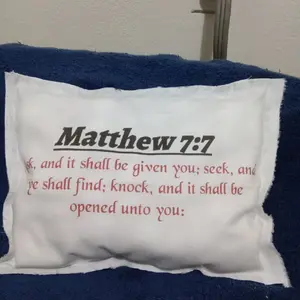 Decor Pillow with Matthew 7:7 Text Design - Simple White and Blue Pillow Featuring Biblical Verse