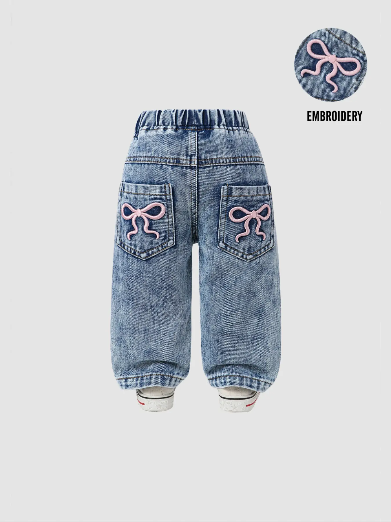 Cute Bow Embroidered Baby Girl Jeans, Elastic Waist Wide Leg Denim Jeans, Casual Daily Wear, Light Wash, Loose Fitting Pants