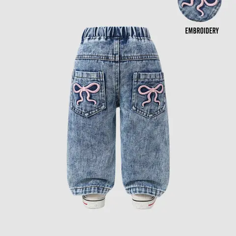Cute Bow Embroidered Baby Girl Jeans, Elastic Waist Wide Leg Denim, Casual Daily Wear, Light Wash, Embroidery Pants