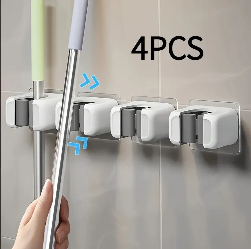 Household 4-Pack PVC Wall-Mounted Mop and Broom Holder, Self-Adhesive Space-Saver Cleaning Tool Organizer, No-Drill Storage Rack for Bathroom, Garage