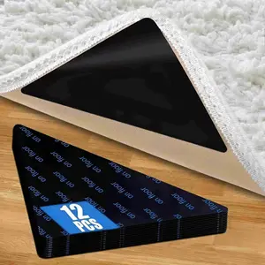 12-Pack Carpet Tape: Anti-Slip Carpet Grippers for Hardwood Floors and Tiles; Reusable Area Rug Tape; Double-Sided Adhesive Carpet Tape to Keep Corners Flat (Black)
