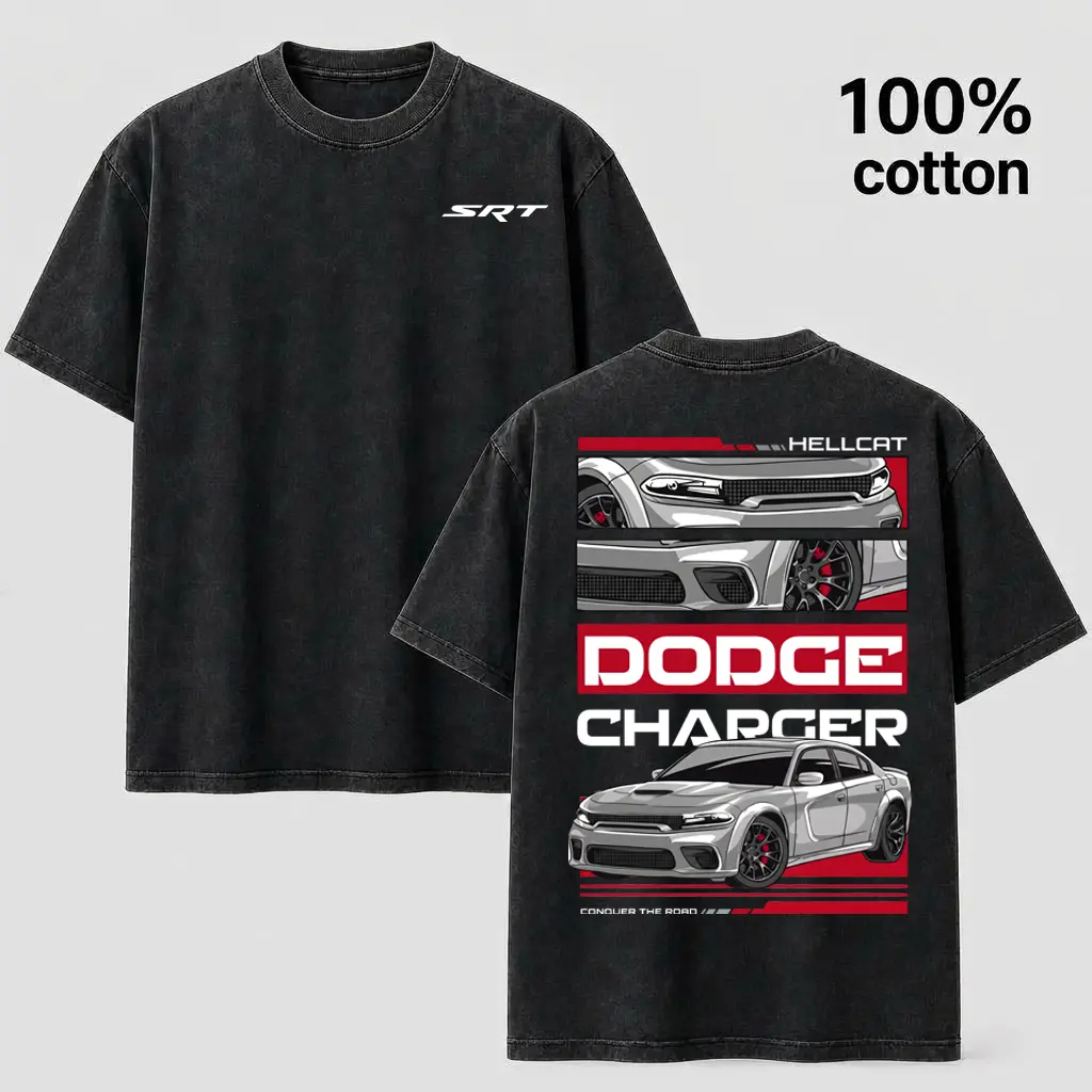 Men's Dodge Charger SRT Hellcat Graphic T-Shirt - Vintage 100% Cotton Short Sleeve for Auto Enthusiasts, Casual Wear Graphic T-Shirts