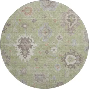 HomeRoots 663260 8 ft. Beige-Green, Green-Toned Floral Medallion Round Area Rug - Artichoke & Taupe, Washable, UV-Protected, Beige-Green Area Rugs, Green-Toned Area Rugs
