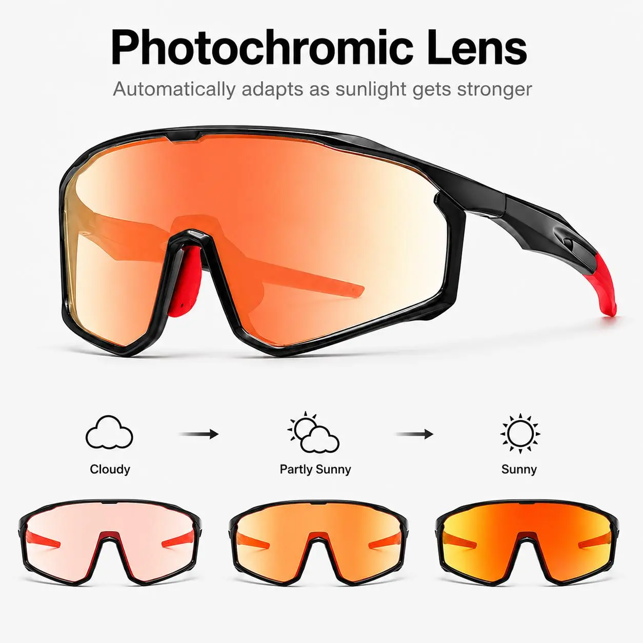Photochromic Cycling Sunglasses for Men & Women, Light-Adaptive Oversized Shield Sports Glasses, Wraparound Bike Eyewear for Running, MTB, Hiking & Outdoor Activities