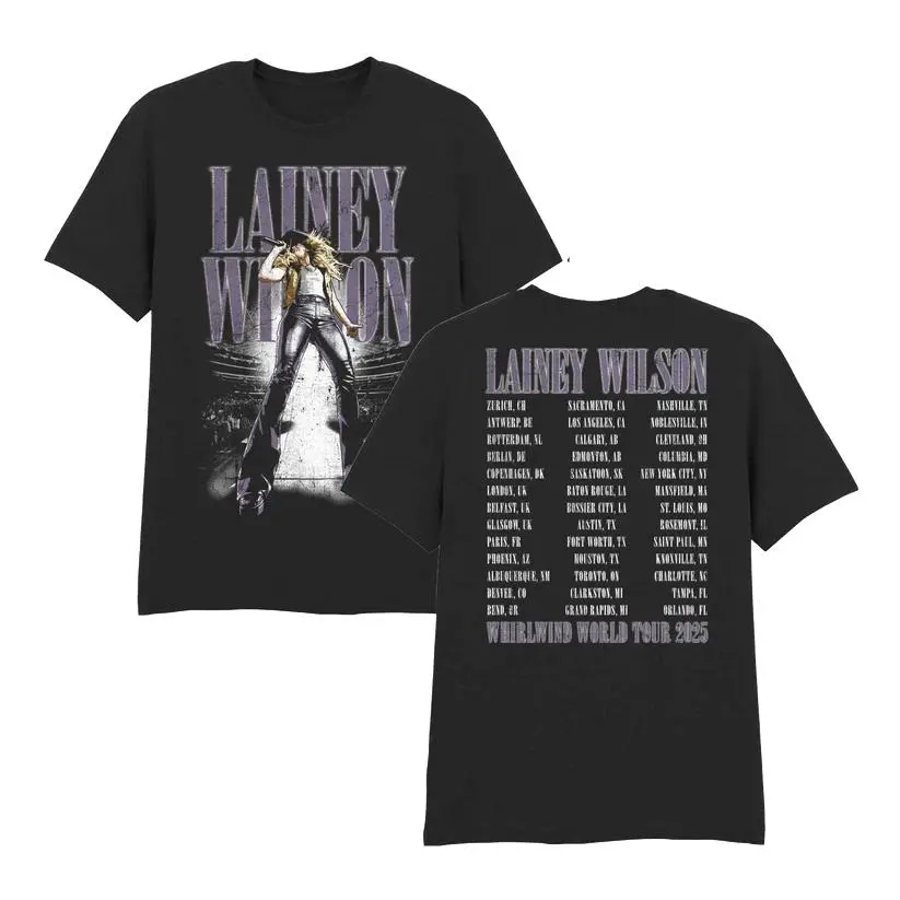Men's Fitted Crew Neck Short-Sleeve Graphic Top - Lainey Wilson 2-Sided Whirlwind Tour 2025 Print Cotton Streetwear, Black, S-5XL, I0025, Menswear, T-Shirt, Two-Sided