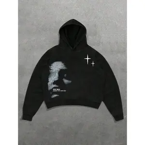 Women's face & letter print hoodie Graphic Hoodie - Cotton Blend Black Long Sleeve Pullover Regular Fit | Soft & Breathable Fabric, Durable Print, Everyday Comfort, Machine Washable, grunge goth streetwear minimalist graphic