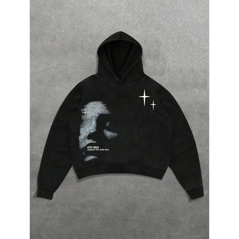 Women's face & letter print hoodie Graphic Hoodie - Cotton Blend Black Long Sleeve Pullover Regular Fit | Soft & Breathable Fabric, Durable Print, Everyday Comfort, Machine Washable, grunge goth streetwear minimalist graphic