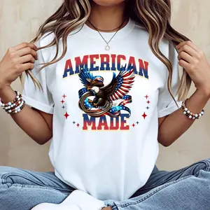 American Eagle Flag Print T Shirt White Casual Loose Fit For Everyday Wear And Outdoor Activities