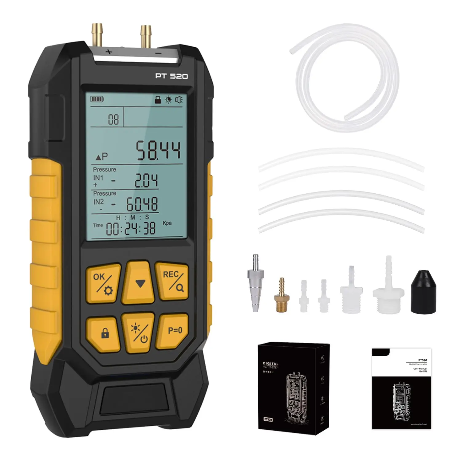 Manometer, Dual-Port HVAC Manometer with 7 Adapters, 10 Units Switch, Data Locking & Storage, Backlit Display Screen Gas Pressure Tester, -100 to 200Kpa, PT520
